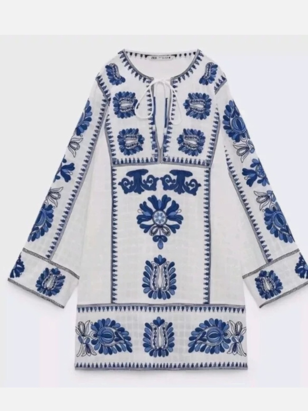Zara Woman Blue & White Embroidered Shor Kaftan Tunic Dress Size Large - Picture 4 of 4